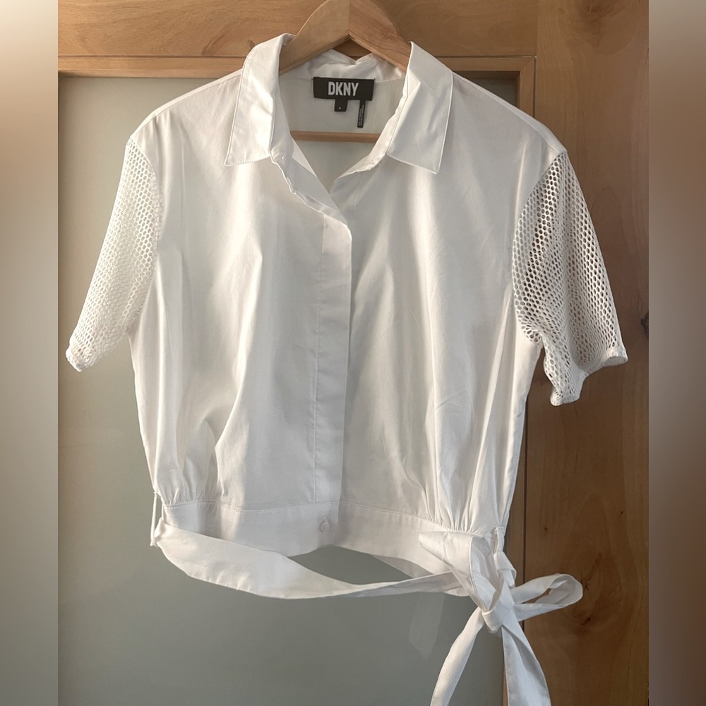 DKNY white button shirt mesh sleeves NWOT